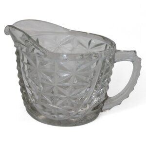 Vintage Pressed Glass Creamer With Starburst Pattern & Ribbed Handle